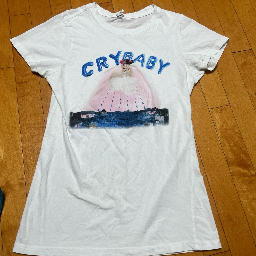 White "Crybaby" Graphic Tee with Pink & Blue Art
